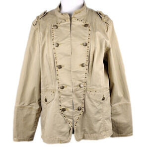Zana Di Tan Embellished Long Sleeve Collarless Hook Front Below Waist Light Coat
